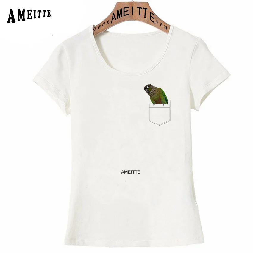 Необычайно Милая забавная футболка с рисунком попугая сидящего в кармане летняя