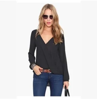 Женские блузки и рубашки с v-образным вырезом Повседневная однотонная шифоновая