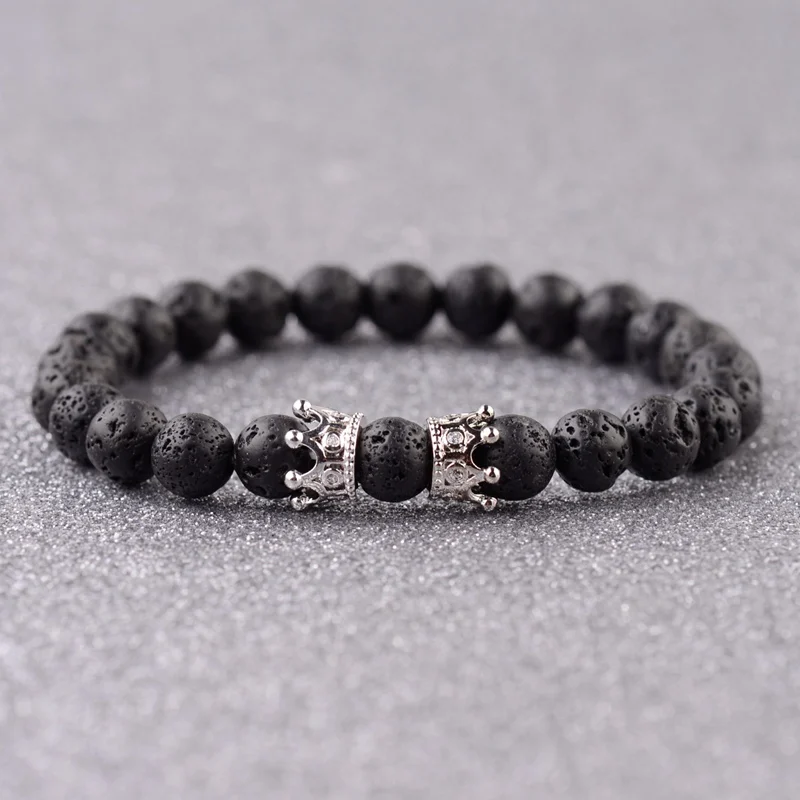 Мужской браслет с бусинами из натуральной лавы 8 мм в виде короны 2018 шарм король
