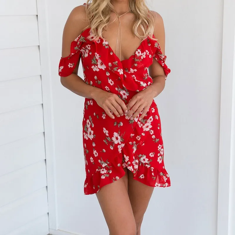 Florals платье 2018 Для женщин без рукавов отпуск сексуальное V шеи Спагетти ремень