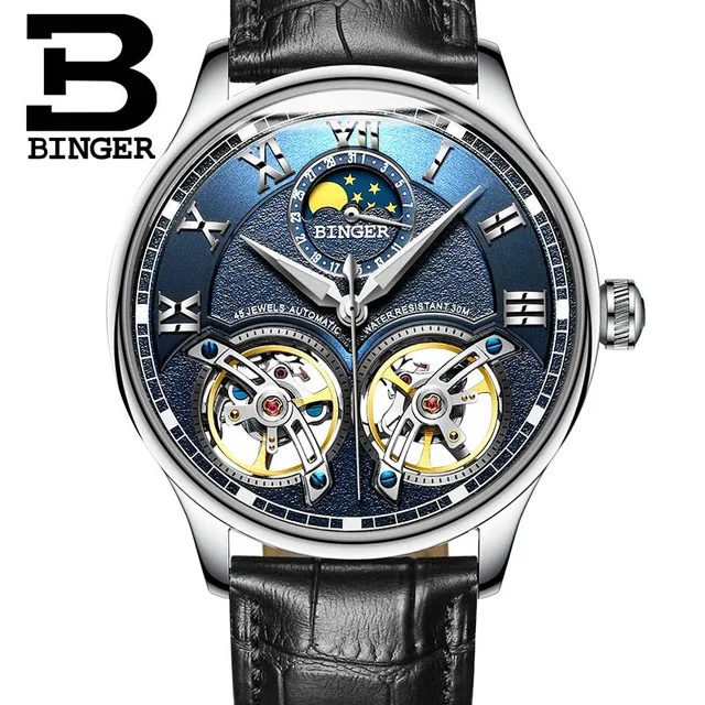 Leather Blue Silver Швейцарские часы Бингер, оригинальные мужские автоматические часы, модные двойные турбийоны, мужские механические наручные часы с кожаным ремешком - Цвет: Leather Blue Silver