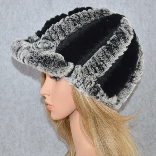 gray and black Россия Настоящий мех кролика шапка женская зимняя вязаная натуральный мех кролика рекс шапки Брендовые женские теплые Повседневные шапки из натурального меха - Цвет: gray and black