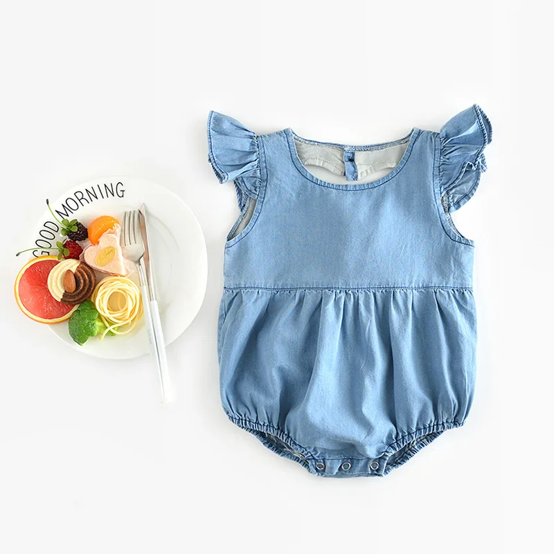 

Sweet Infant Denim Blue Color Ruffles Backless Summer Western Romper New Baby Girls Fashion Cute Rompers Clothing
