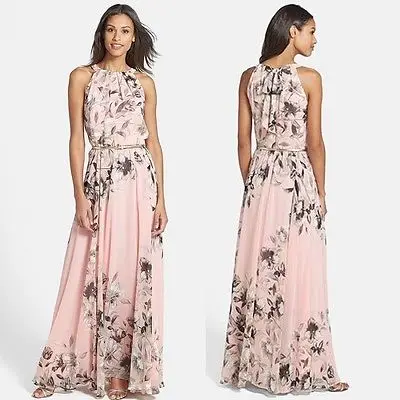 Женское длинное платье с принтом розовое макси в стиле бохо новинка 2017|summer chiffon