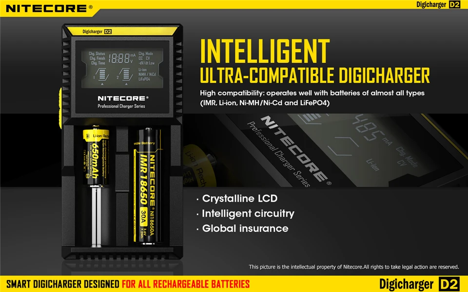 Nitecore D4 D2 I4 I2 Digi зарядное устройство lcd интеллектуальная схема глобальная страховка Li-Ion 18650 14500 16340 26650 зарядное устройство