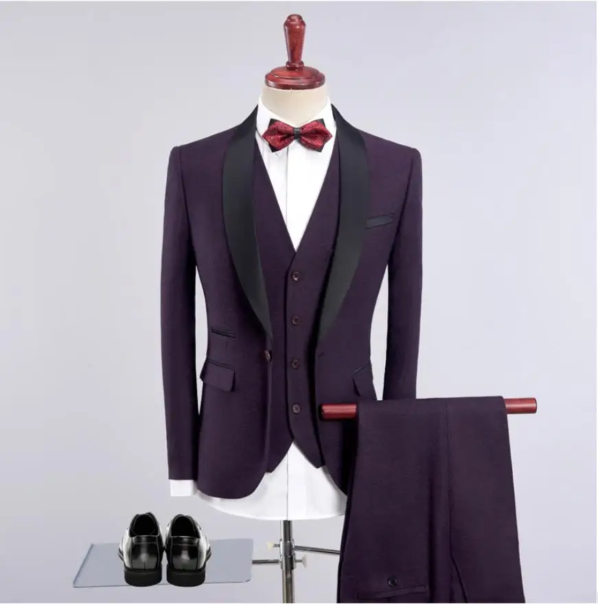 Пиджак, жилет, брюки, мужской повседневный костюм фиолетового цвета, приталенный, Свадебный костюм, смокинг, деловой костюм, 2019