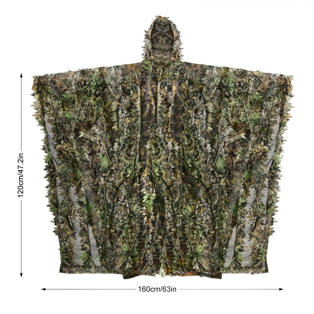Outdoor 3D Leaves Camouflage Ghillie Poncho Camo Cape Cloak Stealth Suit Military CS Woodland Hunting Clothing Free Size | Спорт и