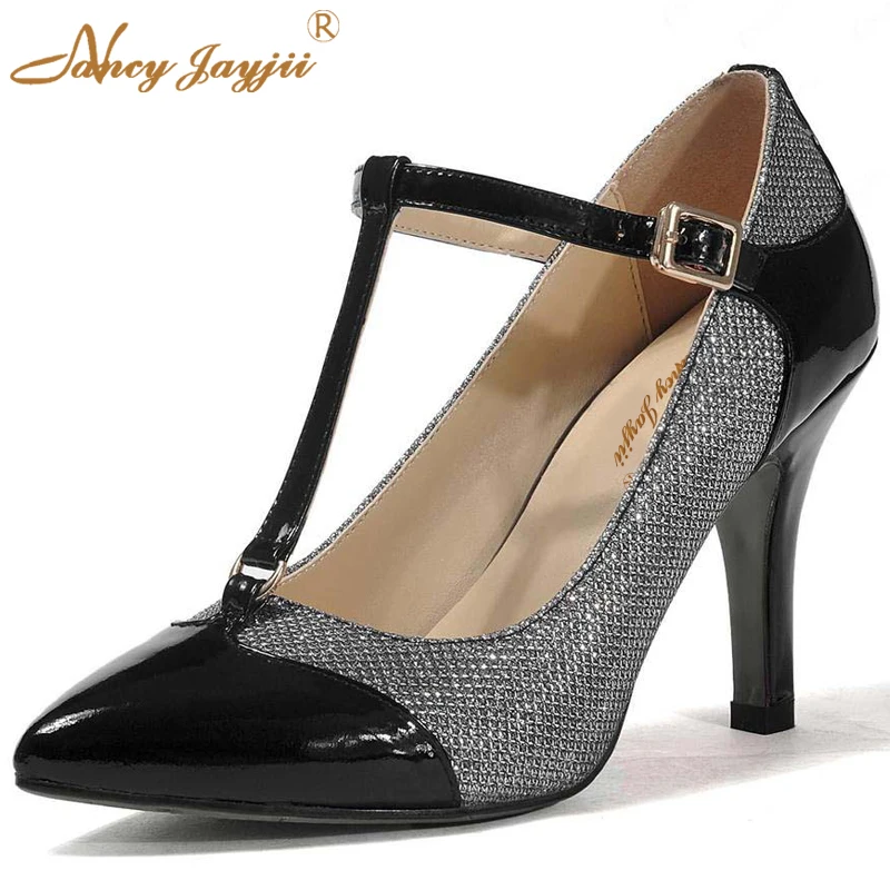 

T-Strap Black&Beige Women Pleather Pointed Toe High Heels Basic Pumps Shoes For Woman Dress&Career&Office Plus Size 4-16