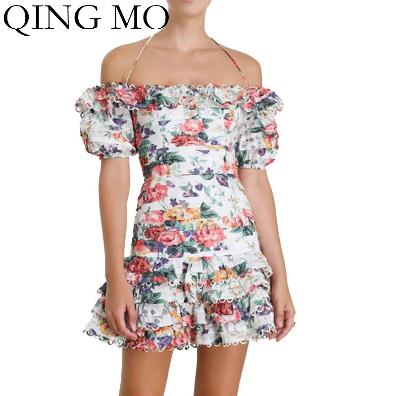QING MO женское сексуальное платье с вырезом лодочкой пляжное принтом летнее
