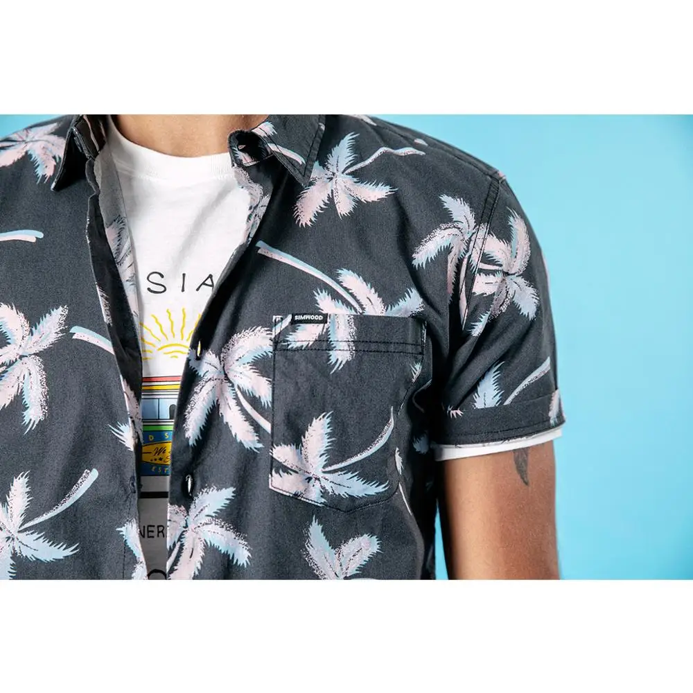 SIMWOOD 2019 summer new hawaii print shirts men short sleeve 100% cotton Breathable Palm tree brand clothing 190266 | Мужская одежда