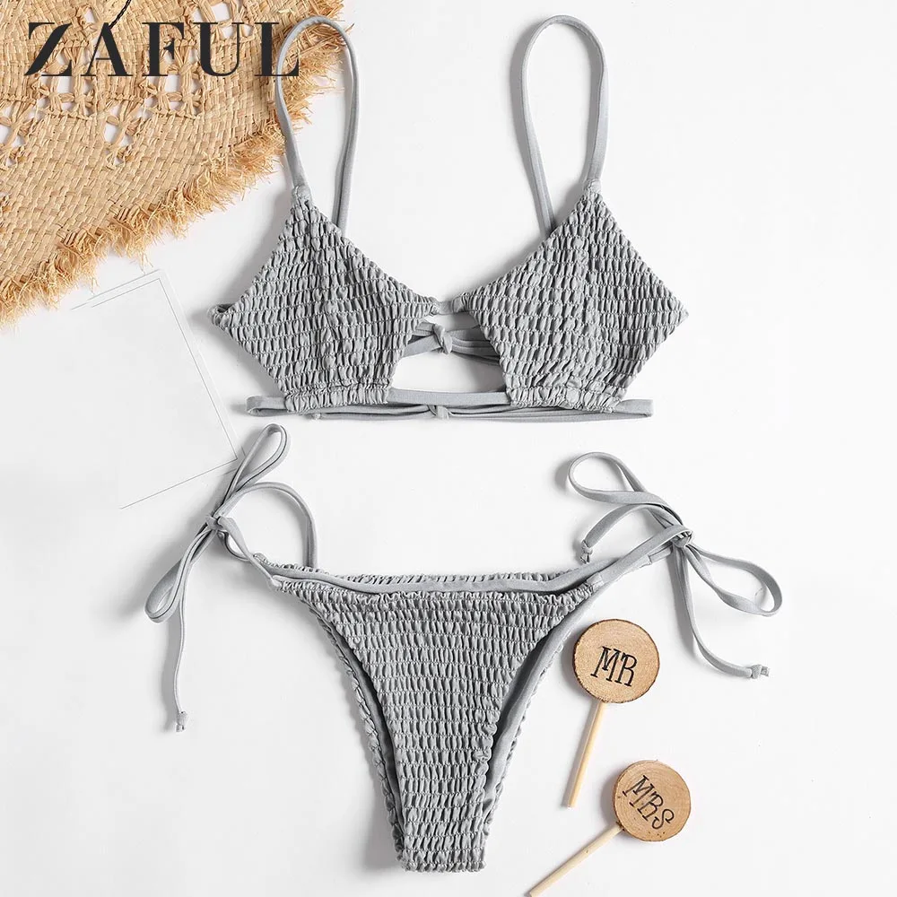 ZAFUL Бикини Бралет Копченая стринги Купальники бикини Шнурки на лямках Тонкий с низкой талией Купальный костюм Бюстгальтер Серый купальный костюм