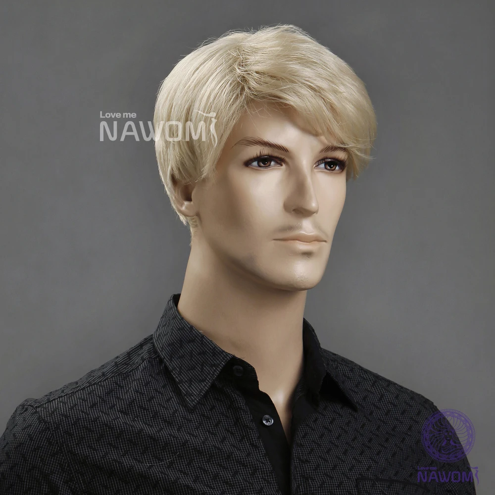 European Kanekalon Side Swept Bang Blonde Ear Length Hairstyle Straight Men Wigs with Wig Cap and Adjustable Buckle | Тематическая