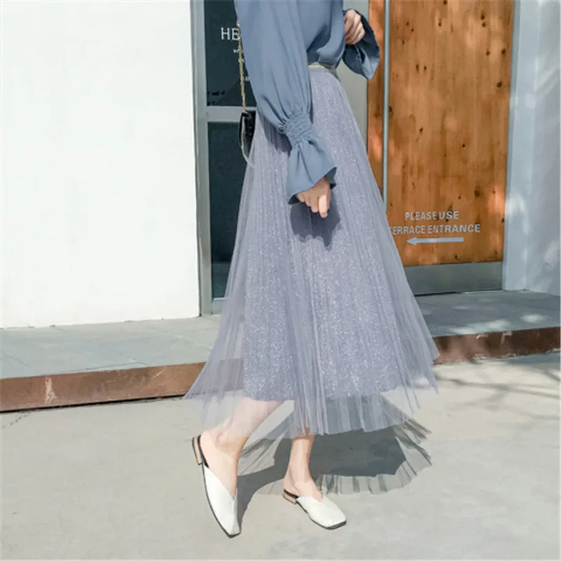 Женская плиссированная сетчатая юбка длинная трапециевидная с металлическими