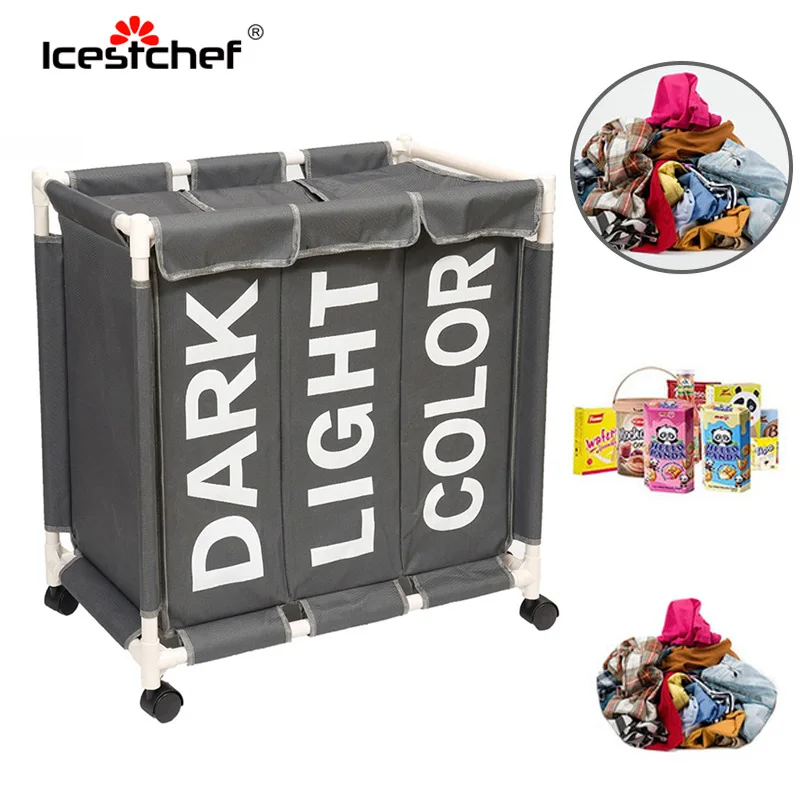 

ICESTCHEF 3 Grid Waterproof Laundry Basket With Wheels Laundry Hamper With Cover Dirty Cloth Basket Lid Bathroom Storage