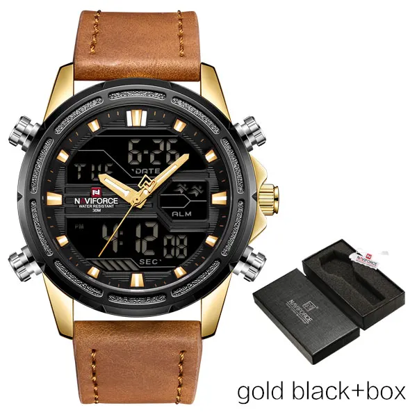 goldblackbox NAVIFORCE Мужские часы от бренда класса люкс мужские кожаные спортивные часы мужские кварцевые светодиодный цифровые часы водонепроницаемые военные наручные часы - Цвет: goldblackbox