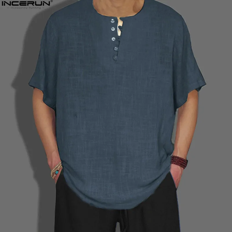 Navy INCERUN style, летняя мужская рубашка, базовая блуза, одноцветная, на пуговицах, Декор, повседневные свободные топы, мужская повседневная рубашка - Цвет: Navy