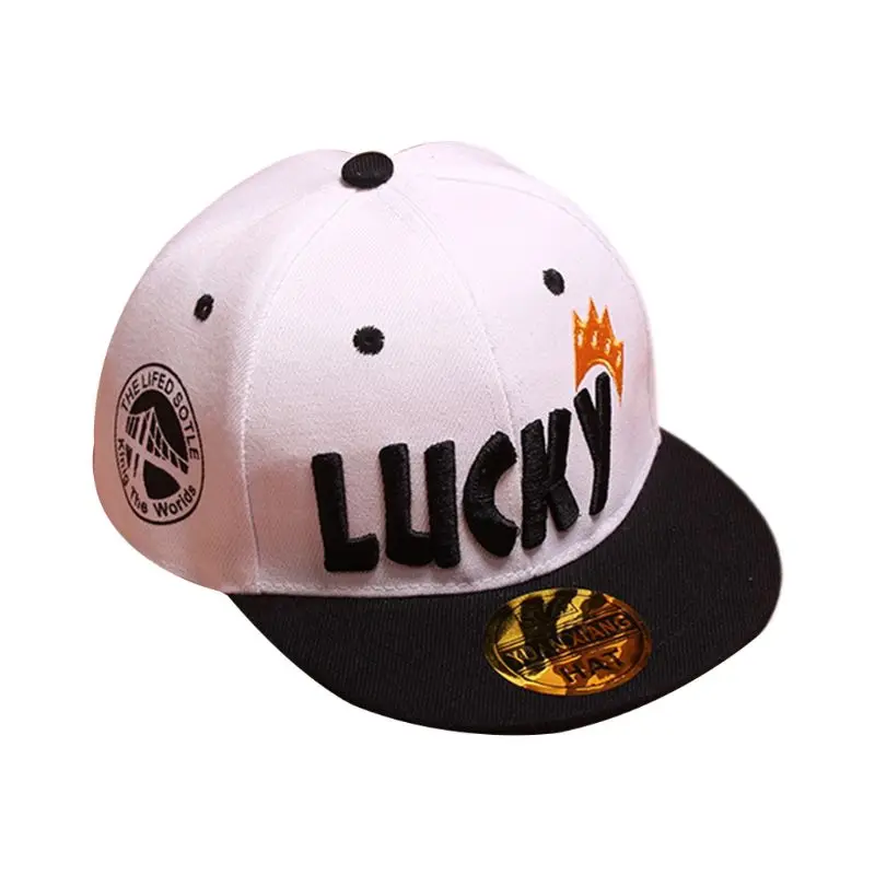 Белый Child Kids Lucky Letter Crown Embroidery Baseball Cap Cartoon Hip-Hop Wide Flat Bill Sunscreen Adjustable Snapback Sun Hat 2-8T - Цвет: Белый