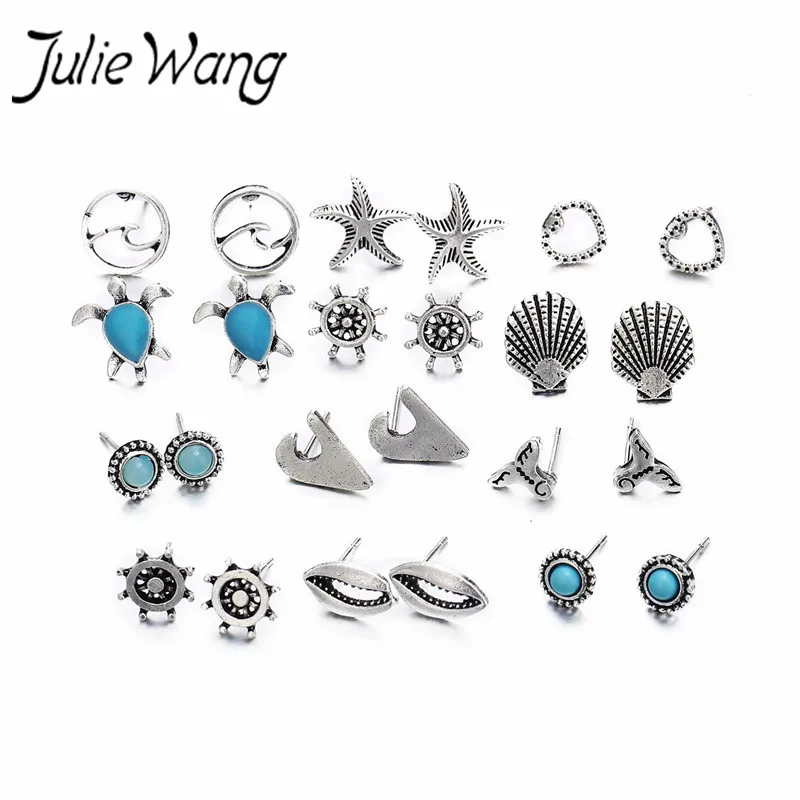 Julie Wang 12 pair Bohemian Style Shell Wave Sea Turtle Sweet Cute Shape Aquarium Souvenir Ocean Party Theme Starfish Earrings | Украшения