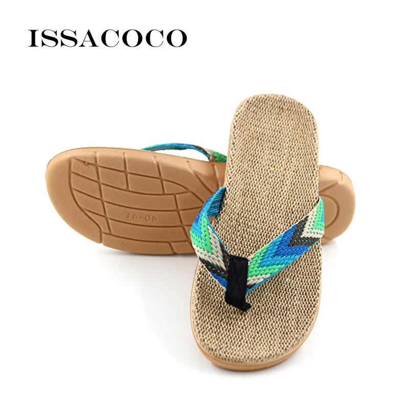 ISSACOCO Men's Linen Flip Flops Striped Ribbon Sandals Flat EVA Non-Slip Linen Slides Home Slippers Man Casual Straw Beach Shoes images - 6