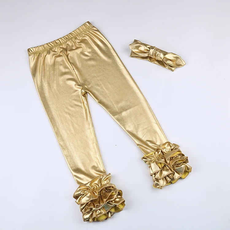 Леггинсы в горошек с оборками для девочек черные золотые блестящие штаны