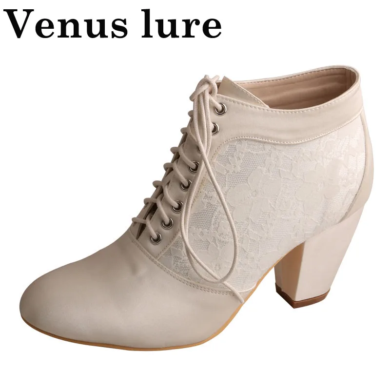

Block Heel Bridal Lace Boots Lace up Women White Wedding Boots Closed Toe