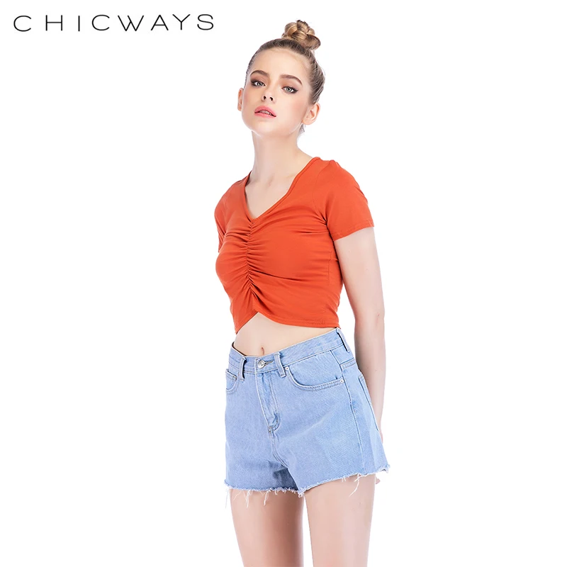 Chicways Женская мода футболка Sexy v-образным вырезом Ruched летняя с коротким рукавом