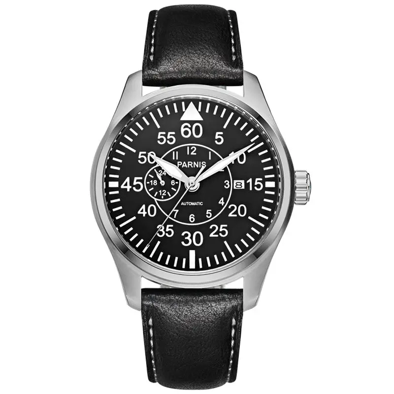 Мужские светящиеся кожаные часы Parnis Pilot IIN series модные автоматические