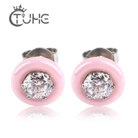round pink black white ceramic stud earrings for women aaa big crystal cz pink women earrings jewelry wedding women wholesale