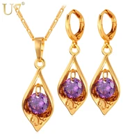 u7 luxury cubic zirconia jewelry set goldsilver color purple crystal jewelry party wedding earrings necklace set s641