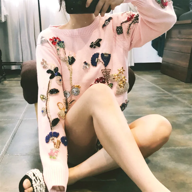 Свитер женский с бисером зимний теплый свободный | Женская одежда