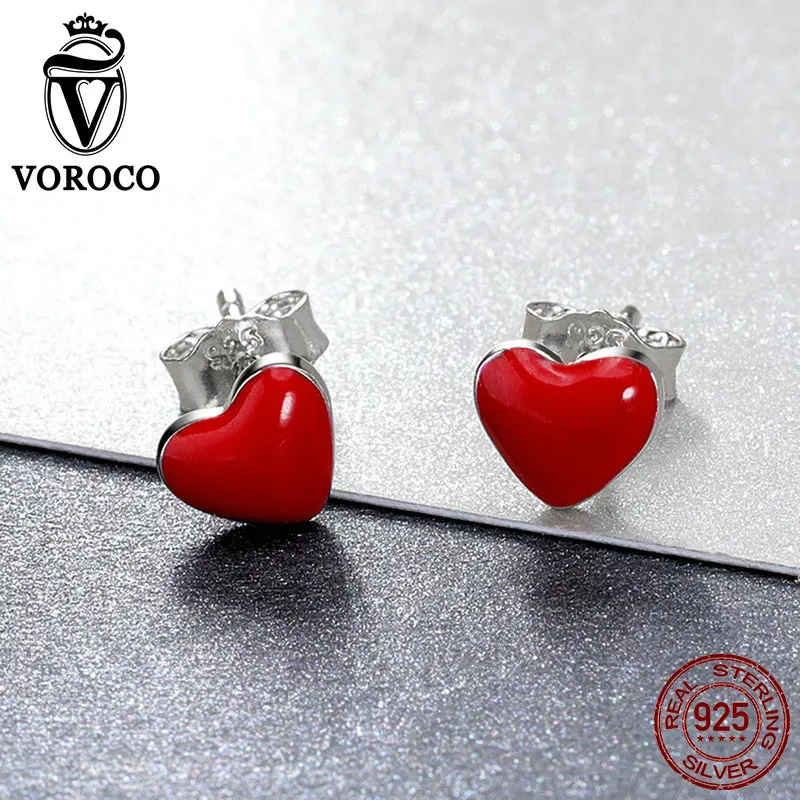 VOROCO,, 925 пробы, серебряное, красное сердце, серьги-гвоздики, романтическая любовь, маленькие серьги для женщин, свадебные, роскошные ювелирные изделия VSE147