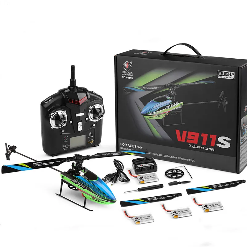 WLtoys V911S 245 мм 2,4G 4CH 6-Aixs Flybarless RC вертолет RTF 80-100 м расстояние полета и 4 шт. 3,7 в 250 мАч Lipo батарея детская игрушка