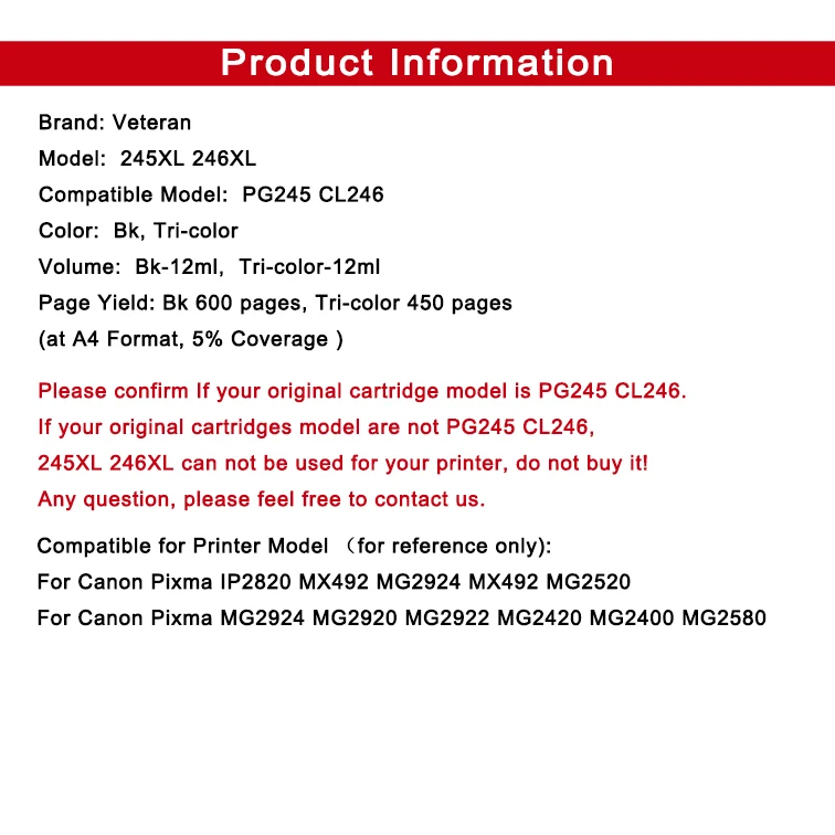 Veteran PG245 CL246 Замена для Canon PG 245 CL 246 PG-245 картридж принтера Pixma IP2820 MX492 MG2924 MG2520 |