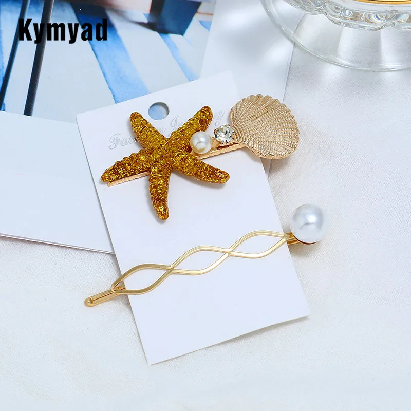 Kymyad 2Pcs/set Women Sea Star Hairpin Crystal Hair Clip Gold Color Barrette Imitational Pearl Accessories | Украшения и