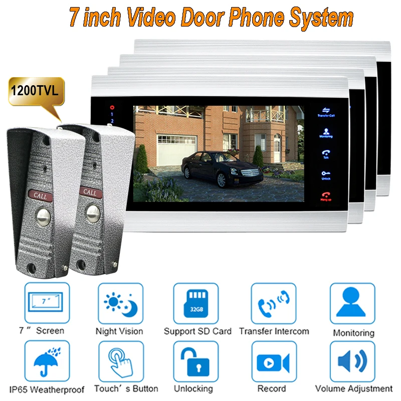 

New 7 inch 1200TVL Video Door Phone Doorbell Intercom system With IP65 Camera DoorPhone 2V4