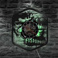 fishing sign fishing rod fish hook vinyl record wall clock modern wall lamp big fish led night light for fisherman gift