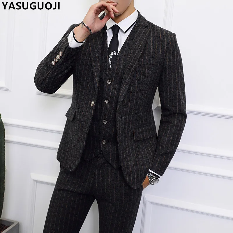 Мужской облегающий шерстяной костюм YASUGOUJI повседневный однобортный в полоску из