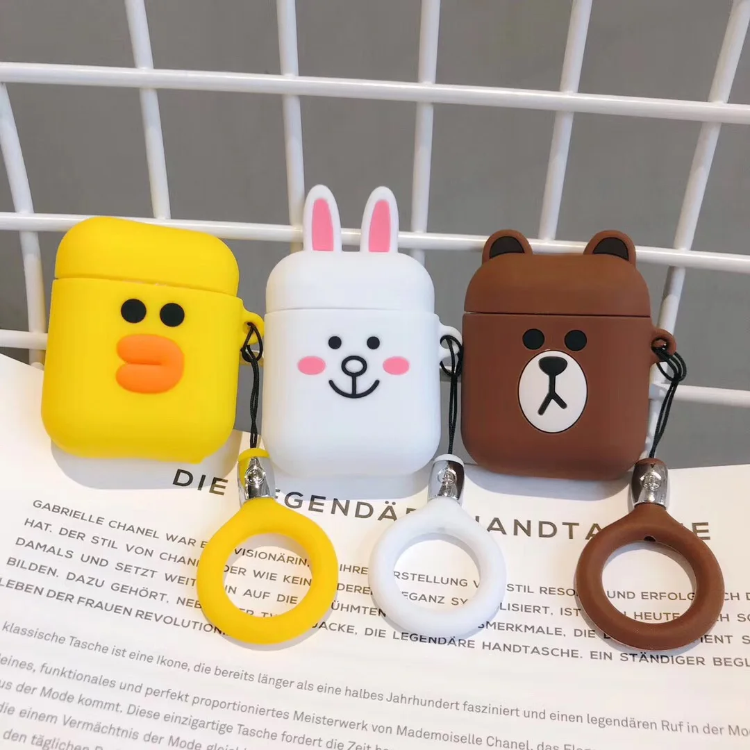 Чехол для Apple Airpods мультяшное кольцо брелок с медведем животным уткой мягкая