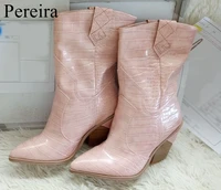 pink snake print women boots 2018 pointed toe knee high boots block heel mid calf riding boots winter 2019 runway big size 42