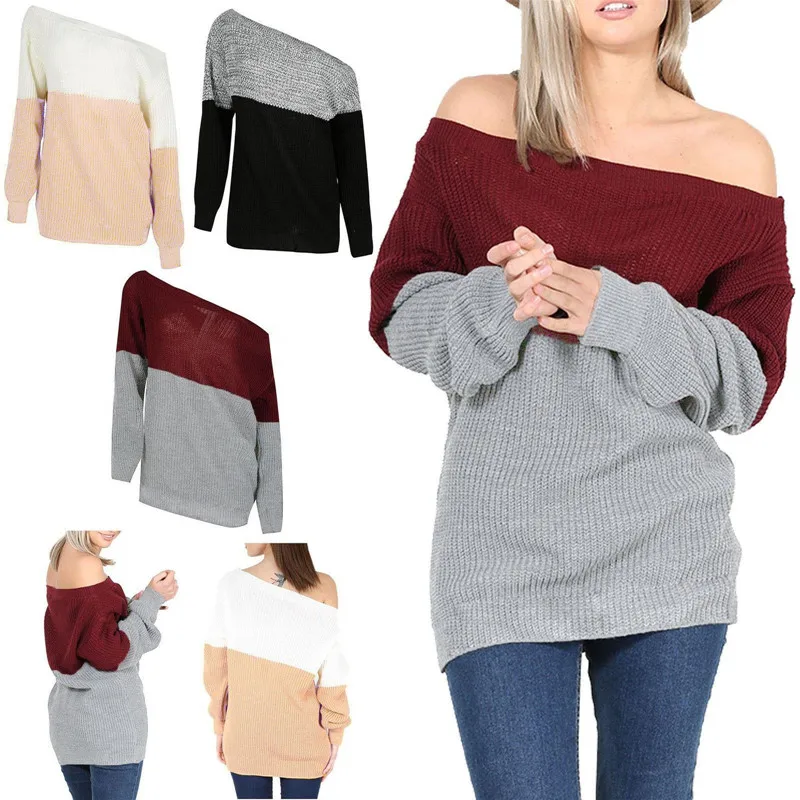 Z&ampKOZE Winter Patchwork Color knitted sweater women 2016 Autumn Sexy long sleeve off shoulder jumpers pullover sweaters | Женская