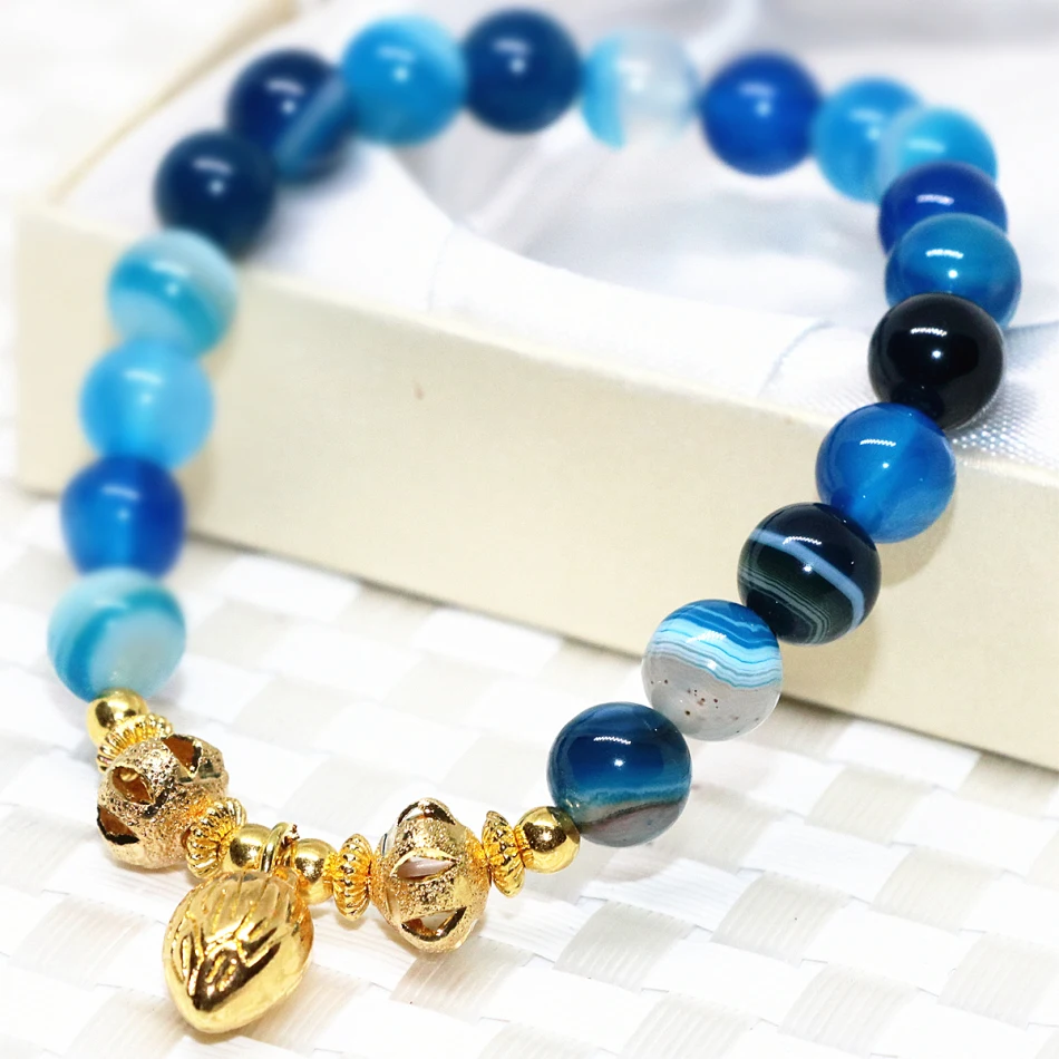 Мода 8 мм синий венок нитка круглых бусин Браслеты Натуральный Сердолик Оникс