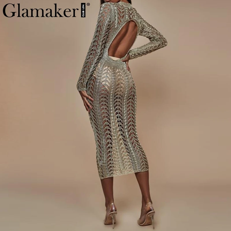 Женское длинное платье Glamaker прозрачное вечернее с открытой спинкой и глубоким