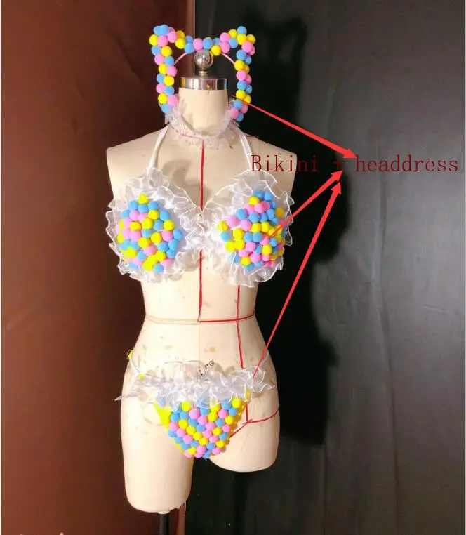 bikini headdress Милые конфеты шары бикини сексуальный бюстгальтер шорты мини юбка набор ночной клуб бар DJ леди певица костюм танцевальная команда представление одежда для сцены - Цвет: bikini headdress