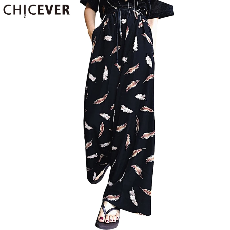 Chicever элегантный печати шифон Мотобрюки для Для женщин Высокая Талия Повязки Перо