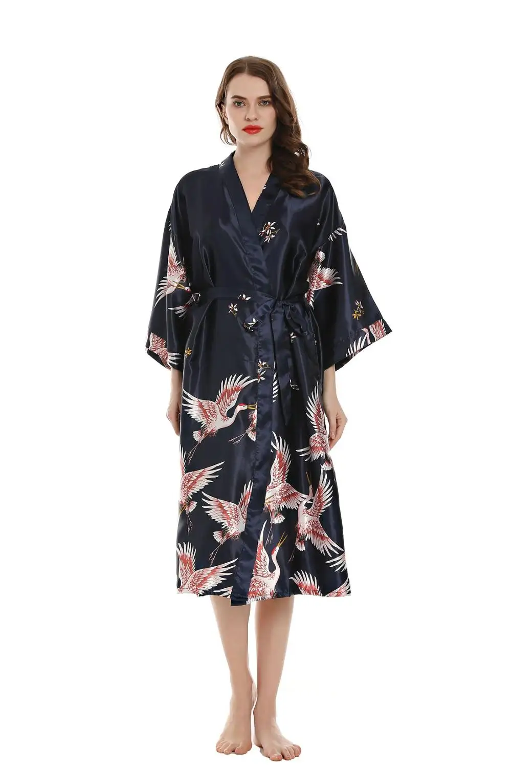 navy blue 10 цветов искусственный шелк длинный халат женские пижамы сексуальный халат халаты для женщин невесты халаты для невесты сексуальная одежда для сна - Цвет: navy blue