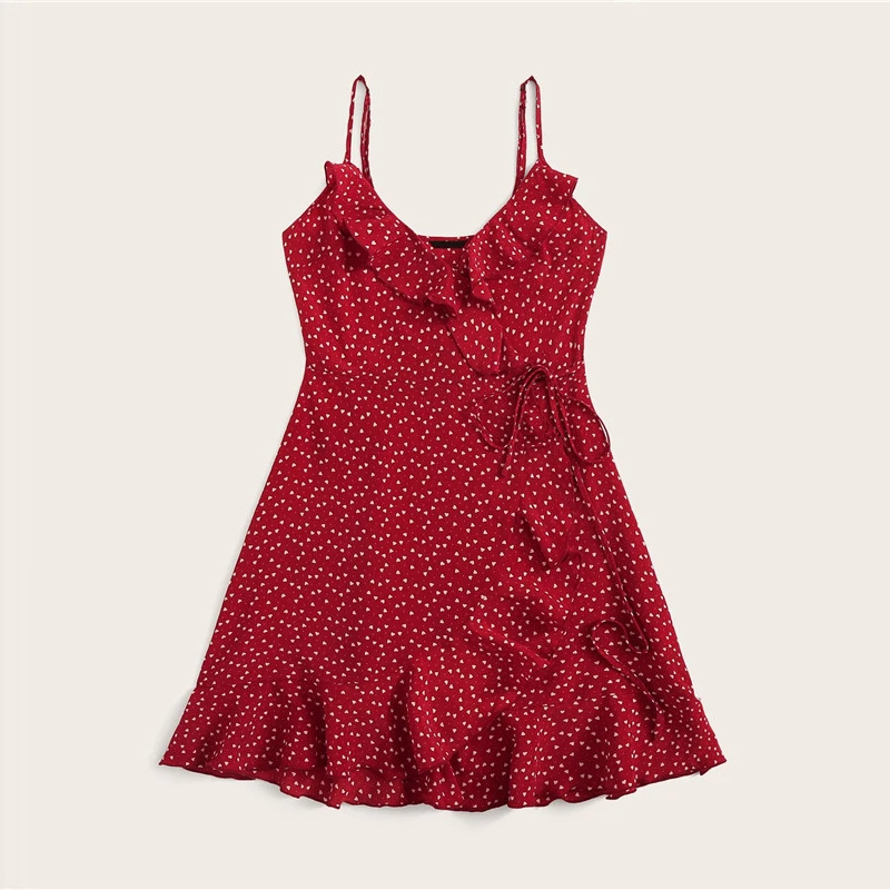 SHEIN женское летнее платье с рюшами, с завязками, мини платье комбинация, без рукавов, v-образный вырез, женское платье,, тонкое пляжное платье