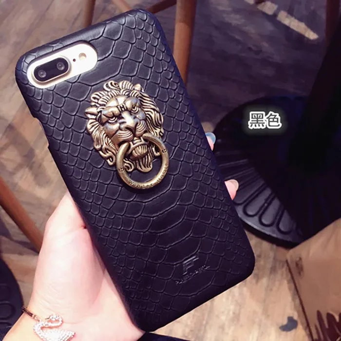 Black Роскошный чехол для телефона с изображением головы льва для iPhone X, 7 Plus, чехол, винтажный держатель из змеиной кожи, чехол-подставка для iPhone 6, 6 S, 7, 8 Plus, Жесткий Чехол из поликарбоната - Цвет: Black