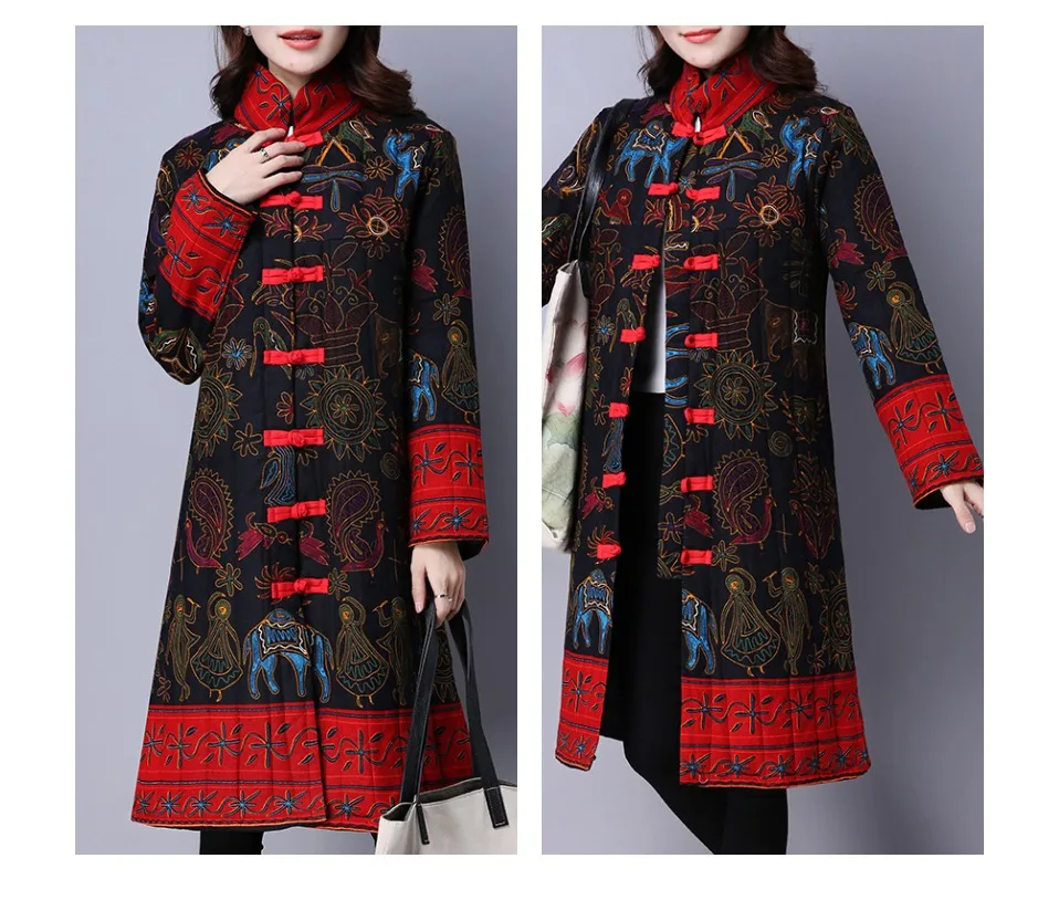 Winter Jacket Women Thick warm Long Parka Mujer Cotton Padded coat vintage Button Print Overcoat plus size Women Tops