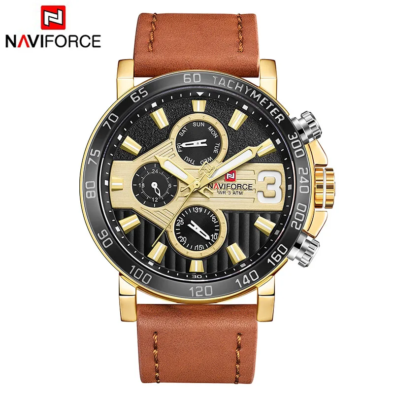 Yellow gold black Новые мужские часы от роскошного бренда NAVIFORCE, мужские спортивные часы, водонепроницаемые кожаные кварцевые часы с датой недели, мужские часы, мужские часы - Цвет: Yellow gold black