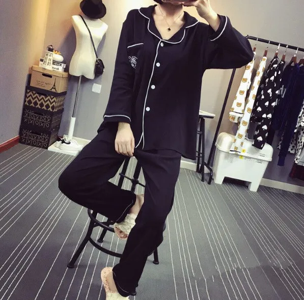 Женские пижамные костюмы 2 шт. Pj Home Kawaii корейский стиль с длинным рукавом на пуговицах шелковые атласные пижамы ouc008